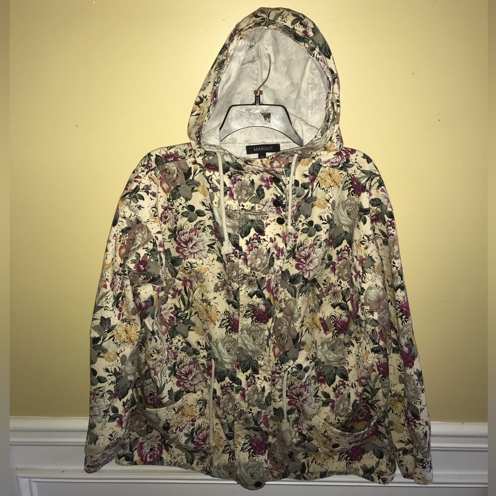 EUC! Anthropologie Margot Floral Hooded Draw-String Waist Jacket size L